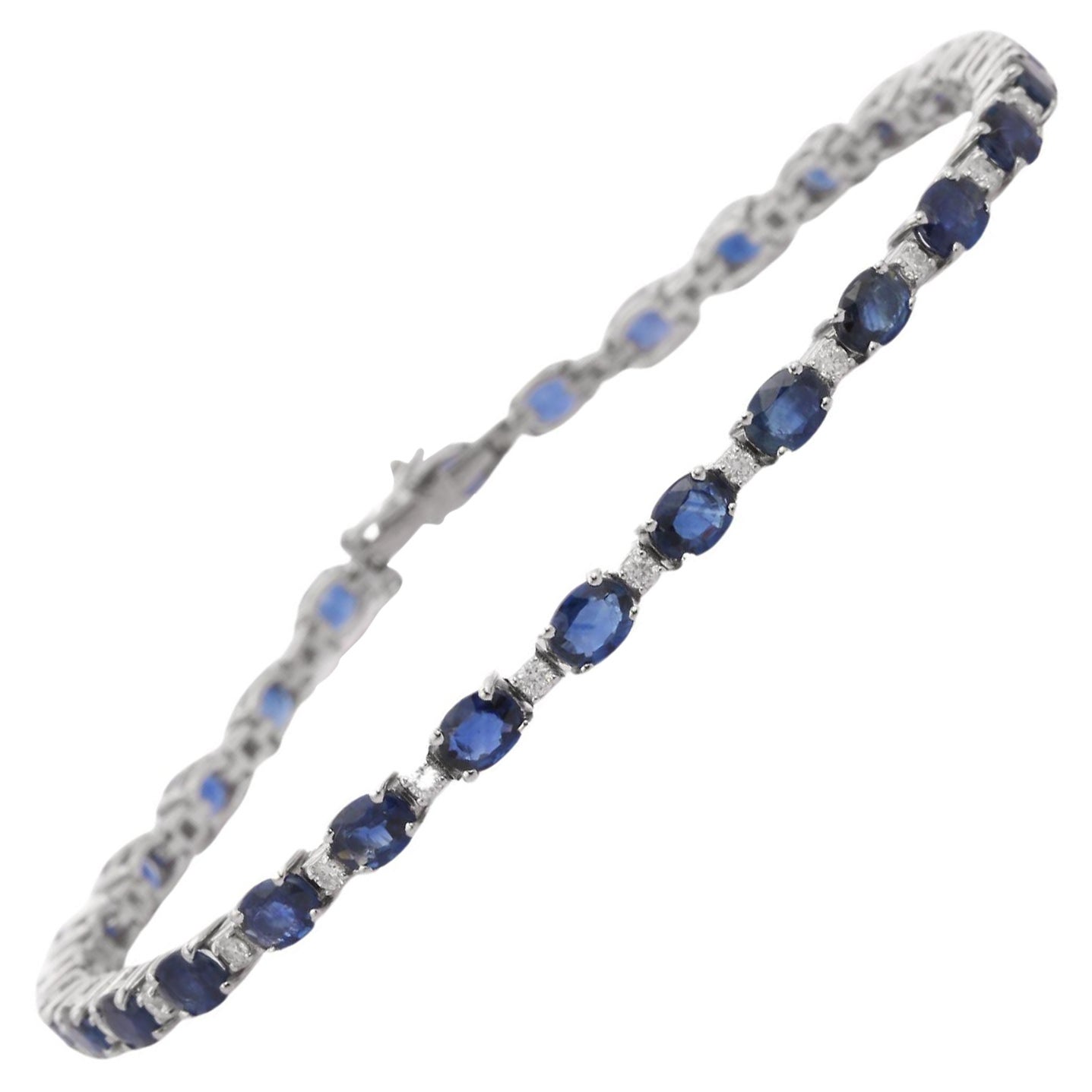 18K White Gold Oval Cut Blue Sapphire and Diamond Tennis Bracelet, Gift for Her For Sale