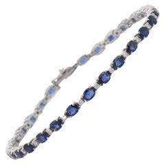 18K White Gold Oval Cut Blue Sapphire and Diamond Tennis Bracelet, Gift for Her