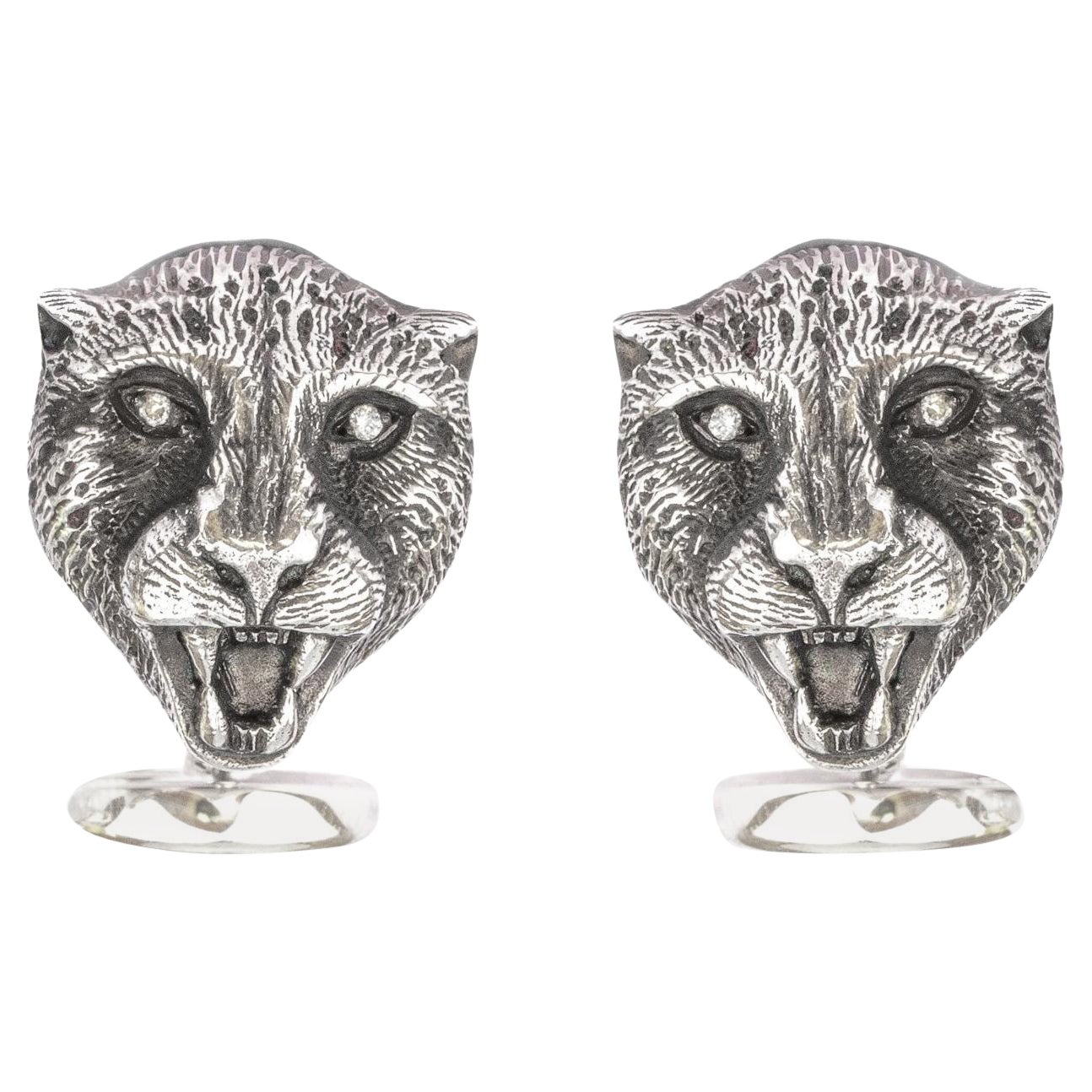 Tichu Diamond and Crystal Quartz Cheetah Face Cufflink in Sterling Silver For Sale