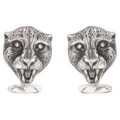 Tichu Diamond and Crystal Quartz Cheetah Face Cufflink in Sterling Silver