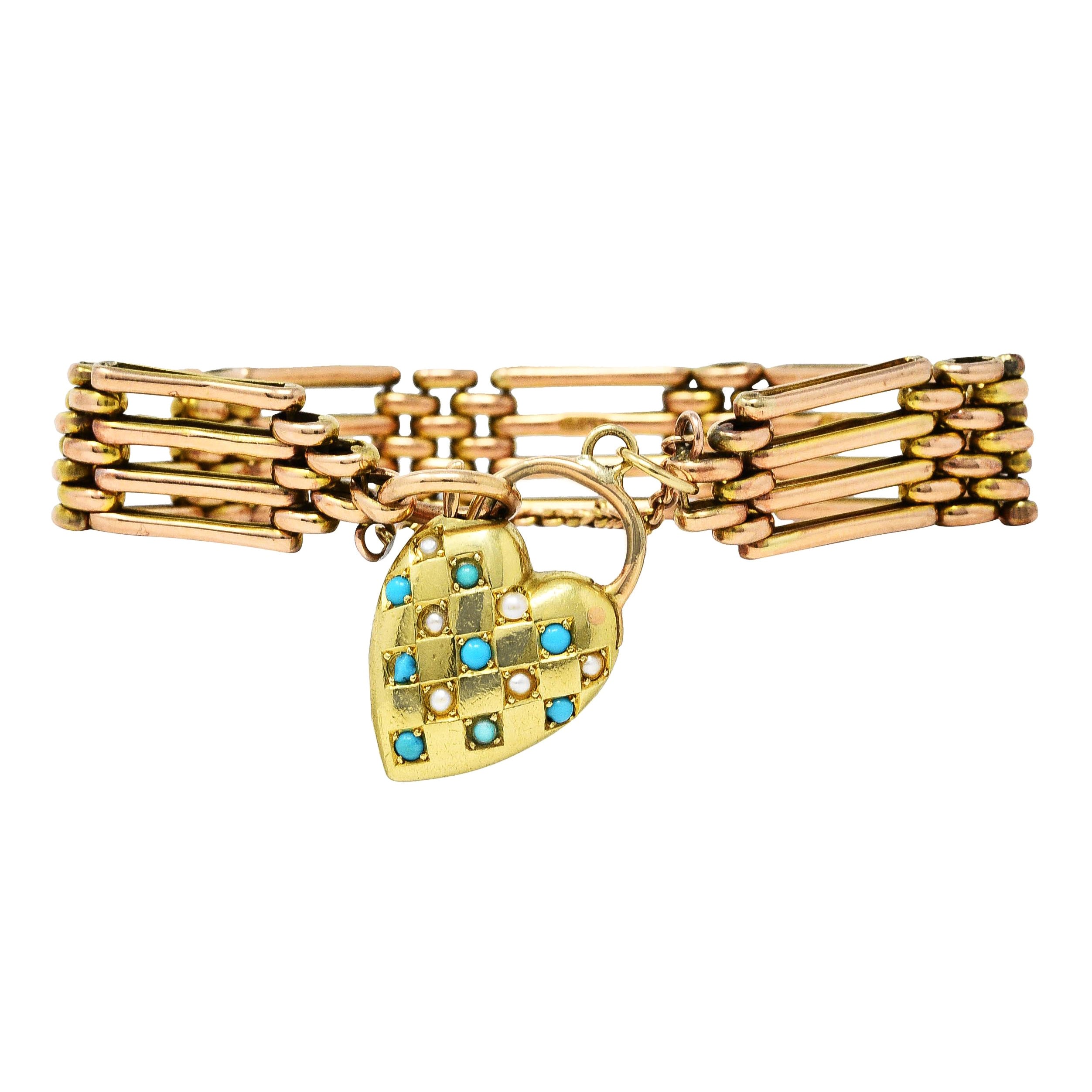 Victorian Turquoise Pearl 15 Karat Gold Heart Padlock Gate Link Bracelet