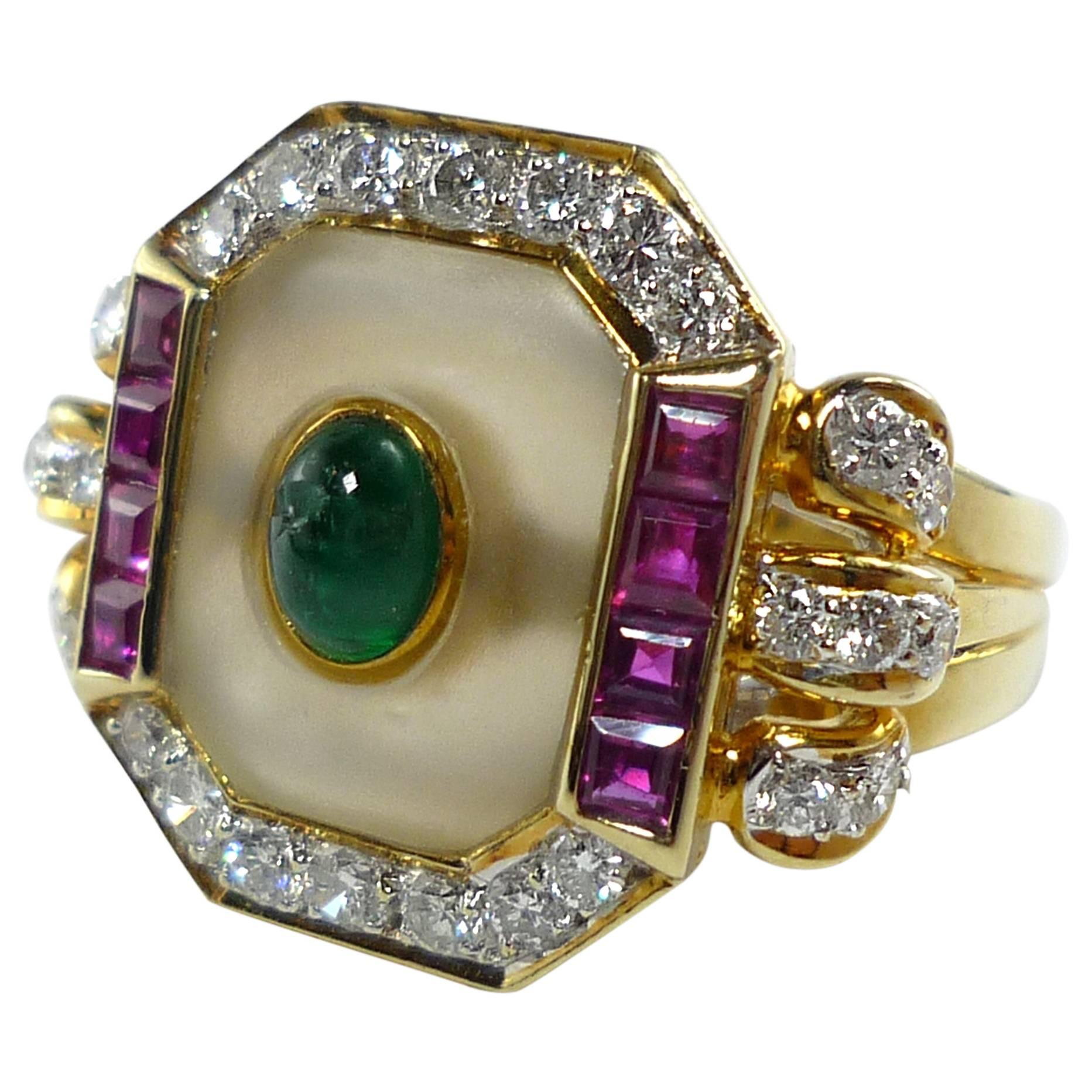 Rock Crystal Emerald White Diamond Ruby Yellow Gold Cocktail Ring
