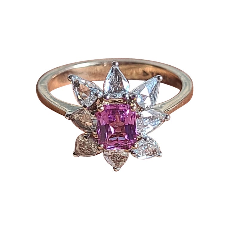 Natural Pink Sapphire & Rose Cut Diamonds Engagement Ring Set in 18K Rose Gold For Sale