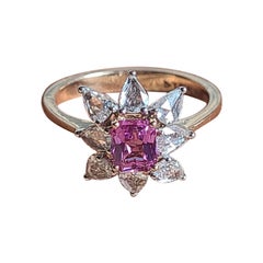 Natural Pink Sapphire & Rose Cut Diamonds Engagement Ring Set in 18K Rose Gold