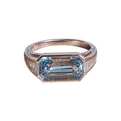 Natural Aquamarine & Diamonds Engagement / Bridal Ring Set in 18K White Gold