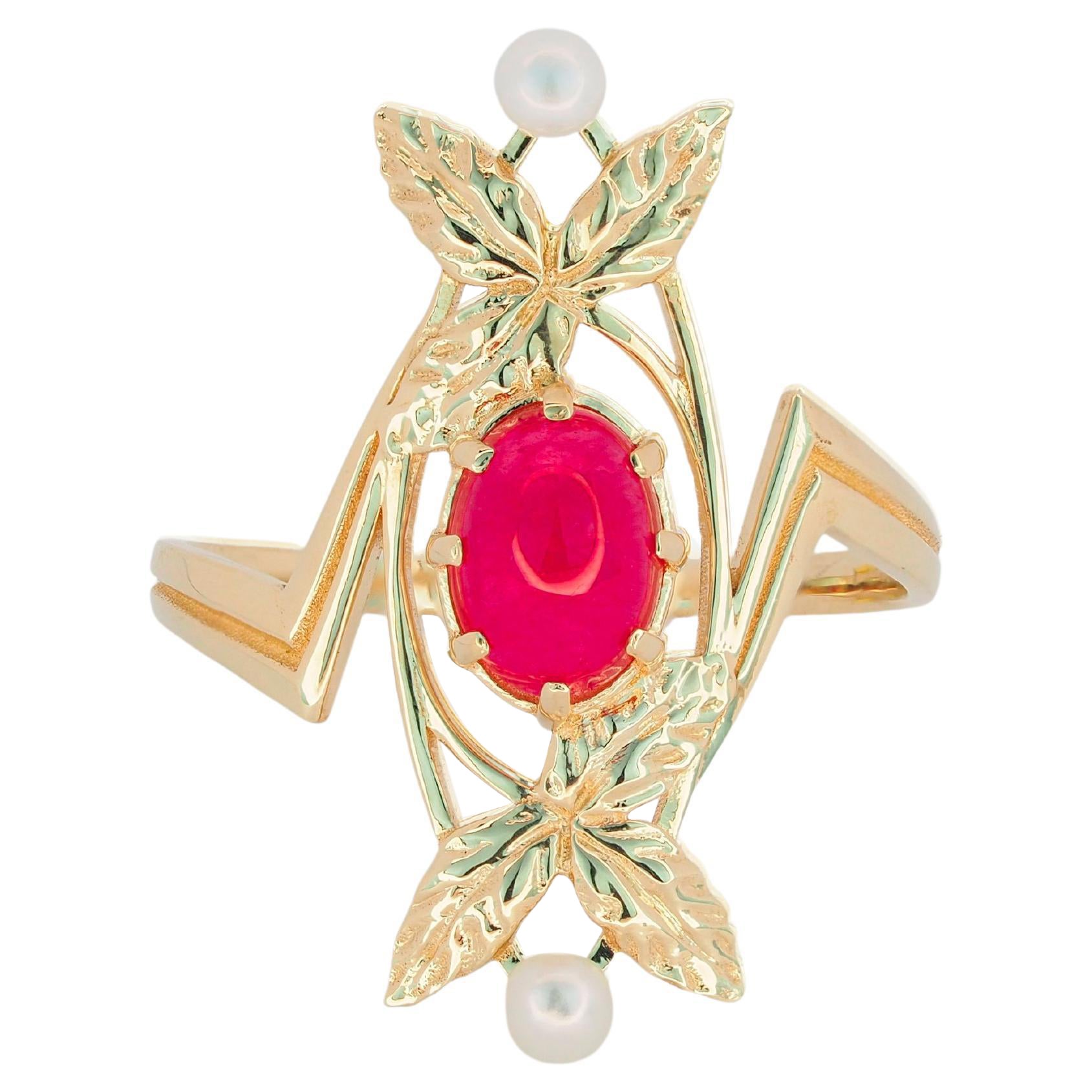 14 Karat Gold Ring with Ruby and Pearls, July Birthstone Ring
