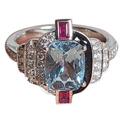 Natural Aquamarine, Ruby, Black Enamel & Diamonds Engagement Ring Set in 18K Gold