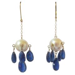 Pearl and Kyanite Briolette Dangle Earrings on a Gold Chain 3