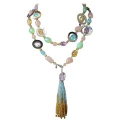 Multicolor semi-precious stone bead long necklace with tassel and white gold