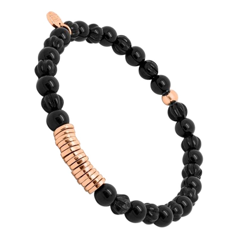 Round Bracelet with Black Agate and Rose Gold Plated Sterling Silver, Size XS