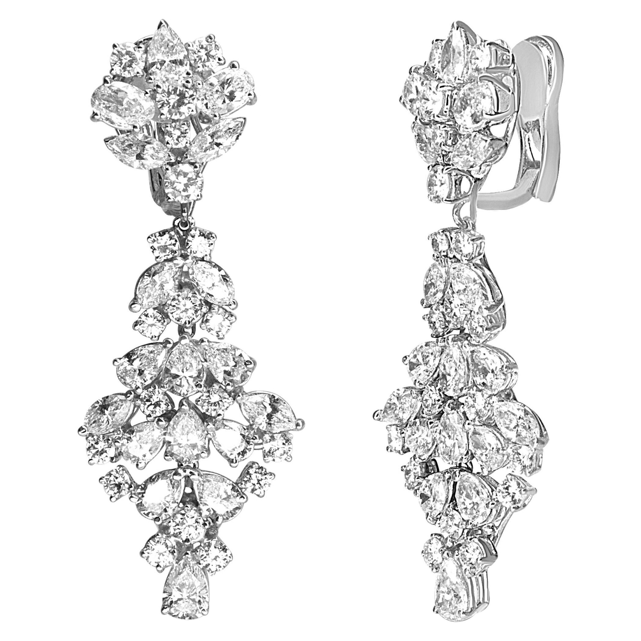 18K White Gold 9 1/2 Carat Diamond Cluster Drop Dangle Clip-On Earrings For Sale