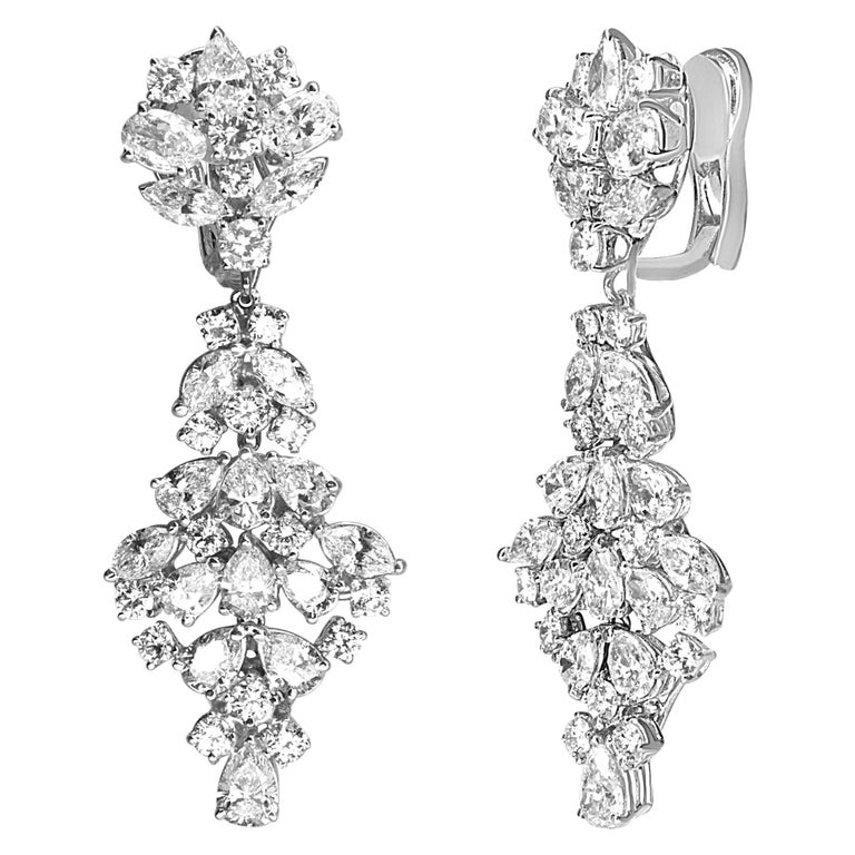 18K White Gold 9 1/2 Carat Diamond Cluster Drop Dangle ClipOn Earrings