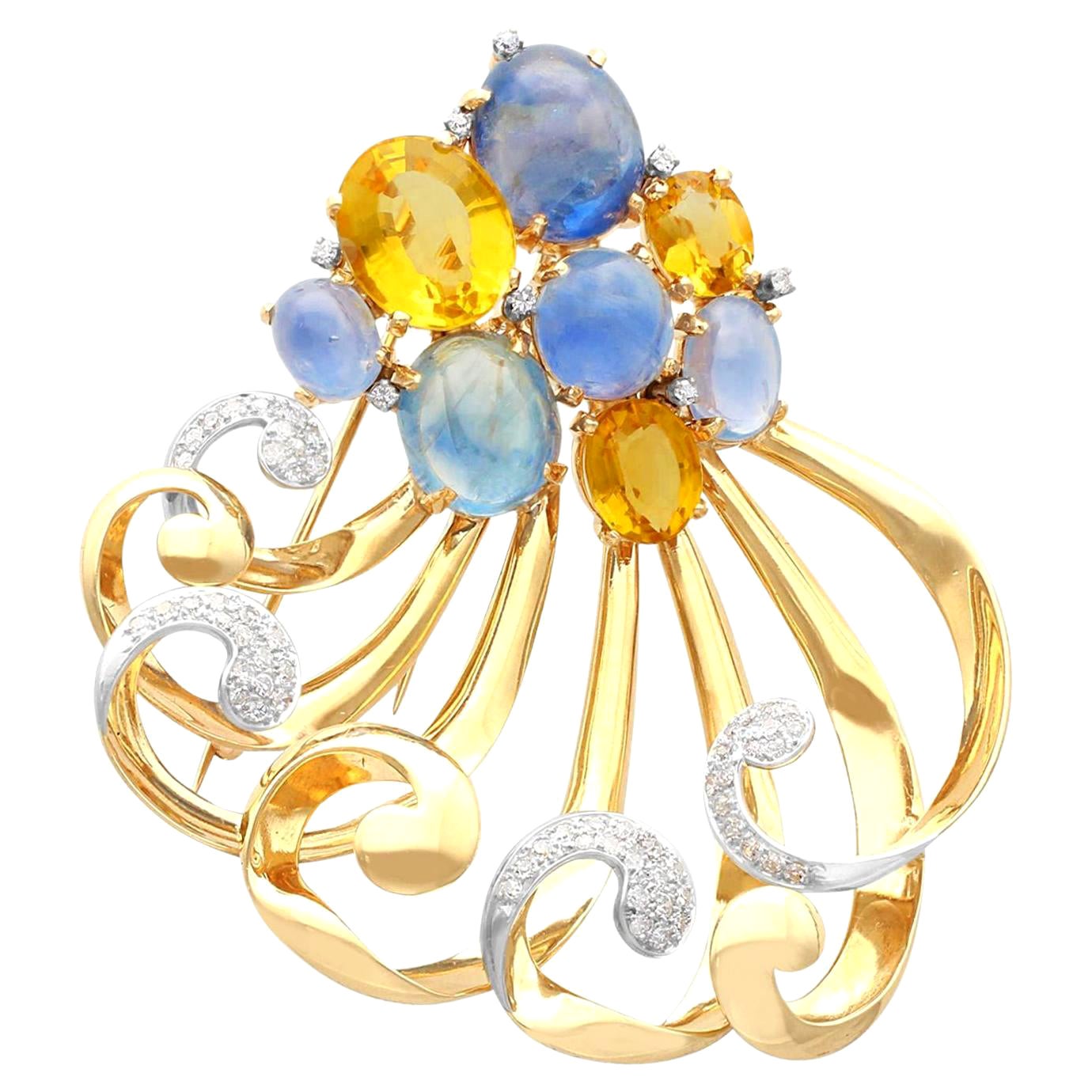 Vintage 35.50 Carat Sapphire Citrine and Diamond Yellow Gold Spray Brooch For Sale