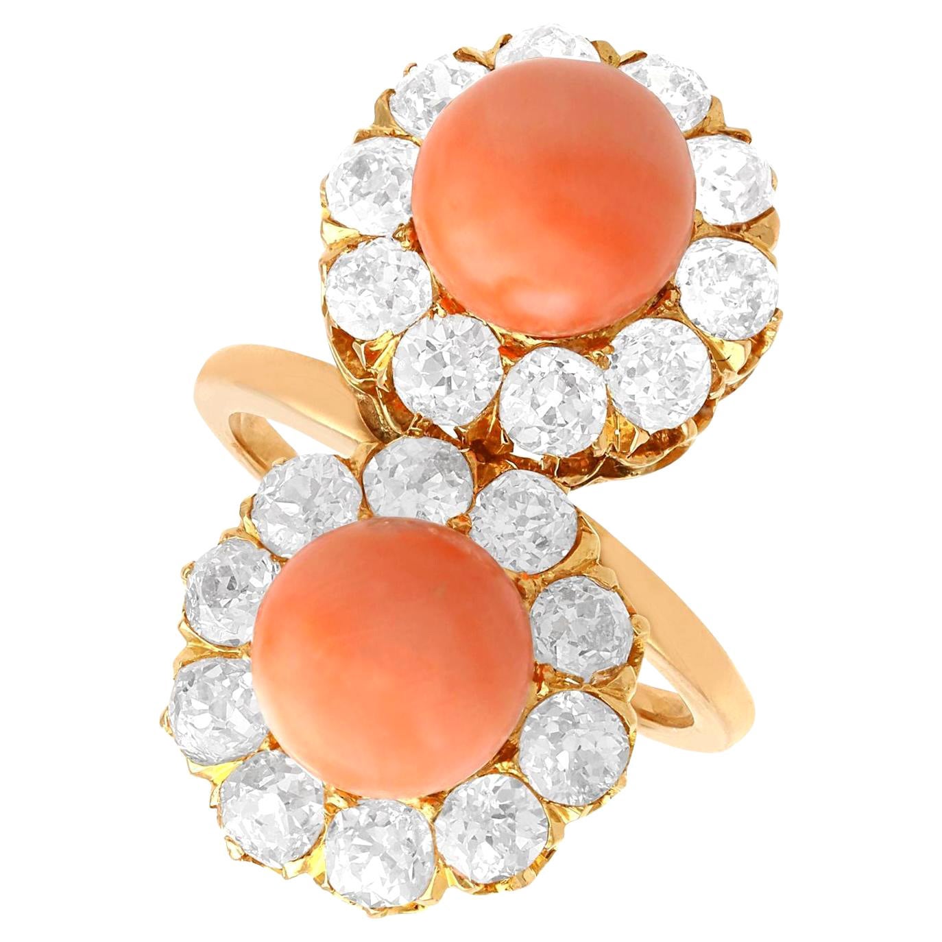 Antique 6.06 Carat Coral and 2.86 Carat Diamond Rose Gold Cocktail Ring For Sale