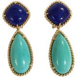 Élégantes boucles d'oreilles en goutte en or, lapis et turquoise, bordées d'une corde torsadée