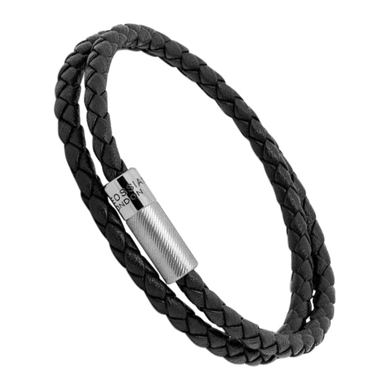 Pop Rigato Bracelet in Double Wrap Black Leather with Sterling Silver, Size L For Sale