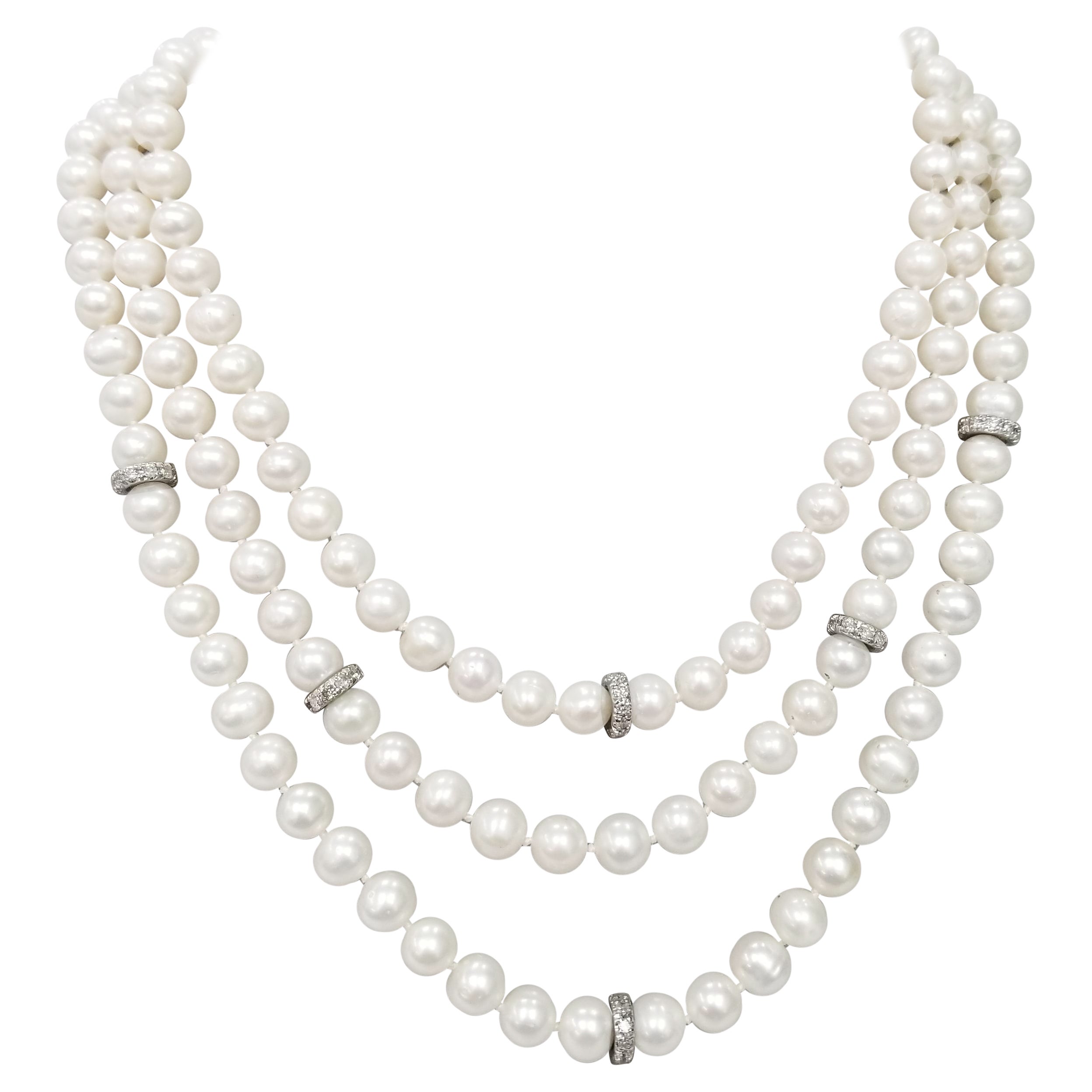 3 Strands of Fresh Water Cultured Pearls with 14k Diamond 2.16cts. Rondles
