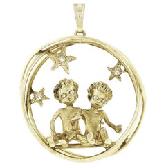 Vintage 14K Gold 0.18ctw Diamond Angel Gemini Zodiac Sign Large 3D Charm Pendant