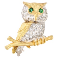 Vintage Tiffany & Co Diamond and Emerald Owl Brooch in 18k Yellow Gold