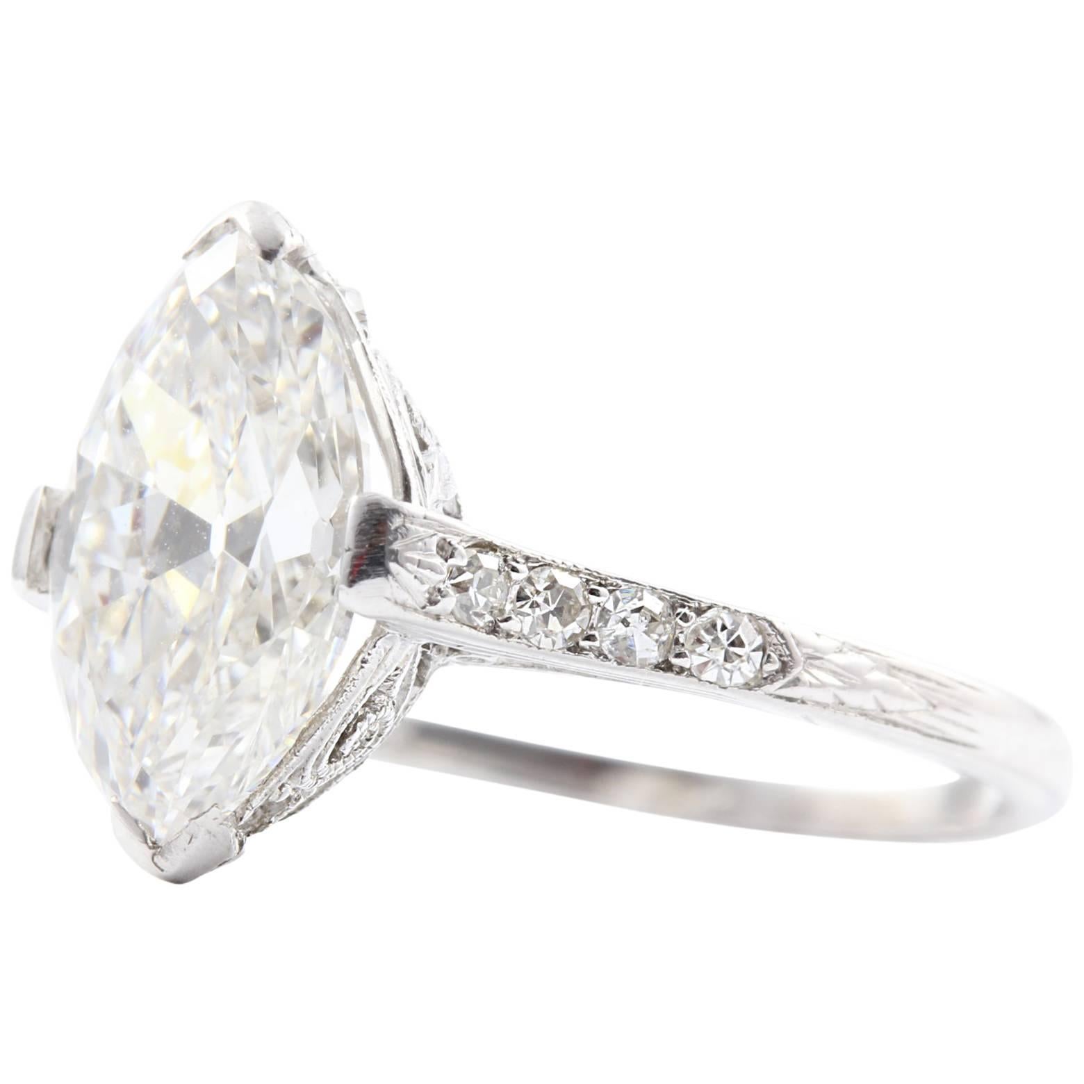 Edwardian Navette Shaped Diamond Platinum Ring 