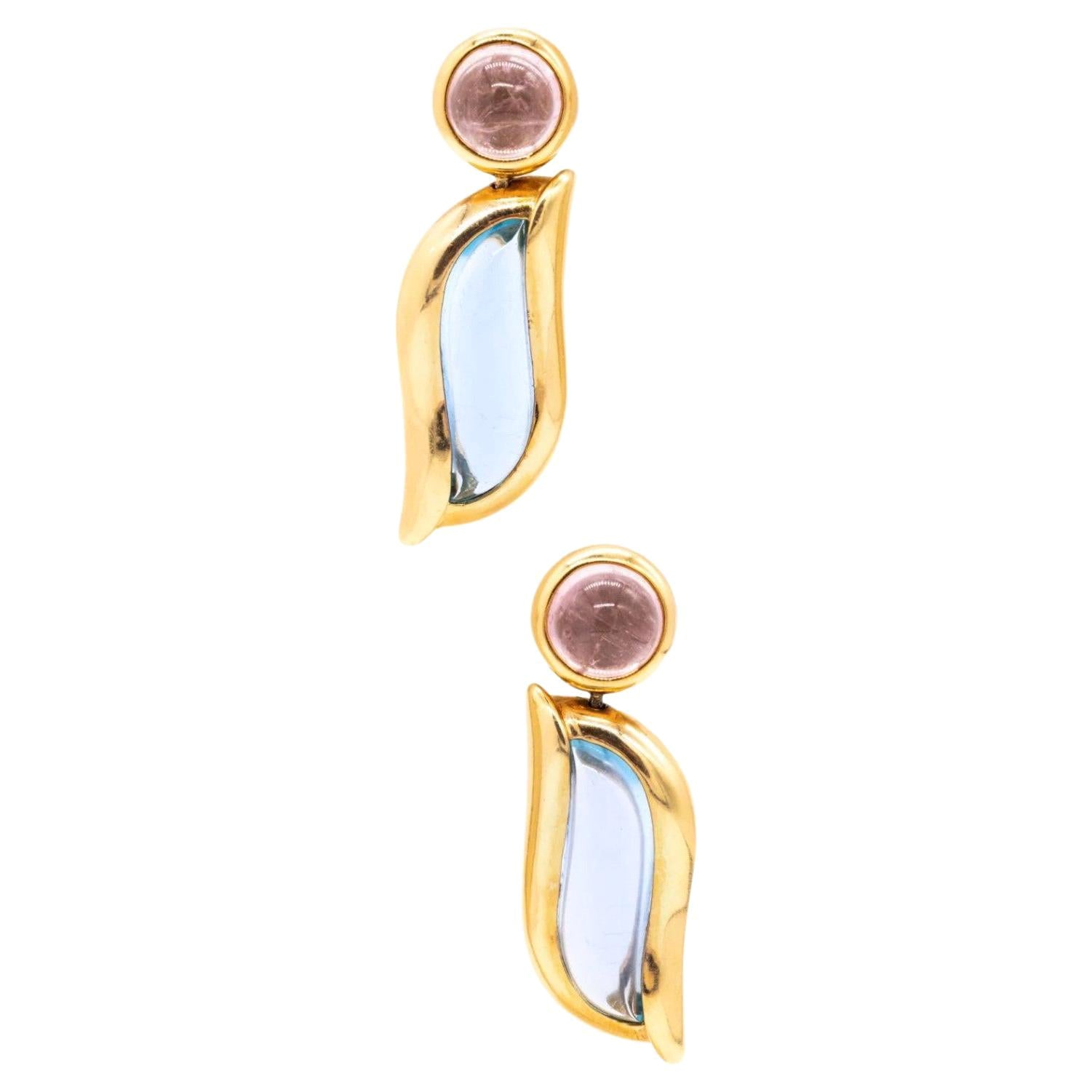 Boucles d'oreilles longues Seidengang en or jaune 18 carats avec aigue-marine et tourmaline de 28,18 carats