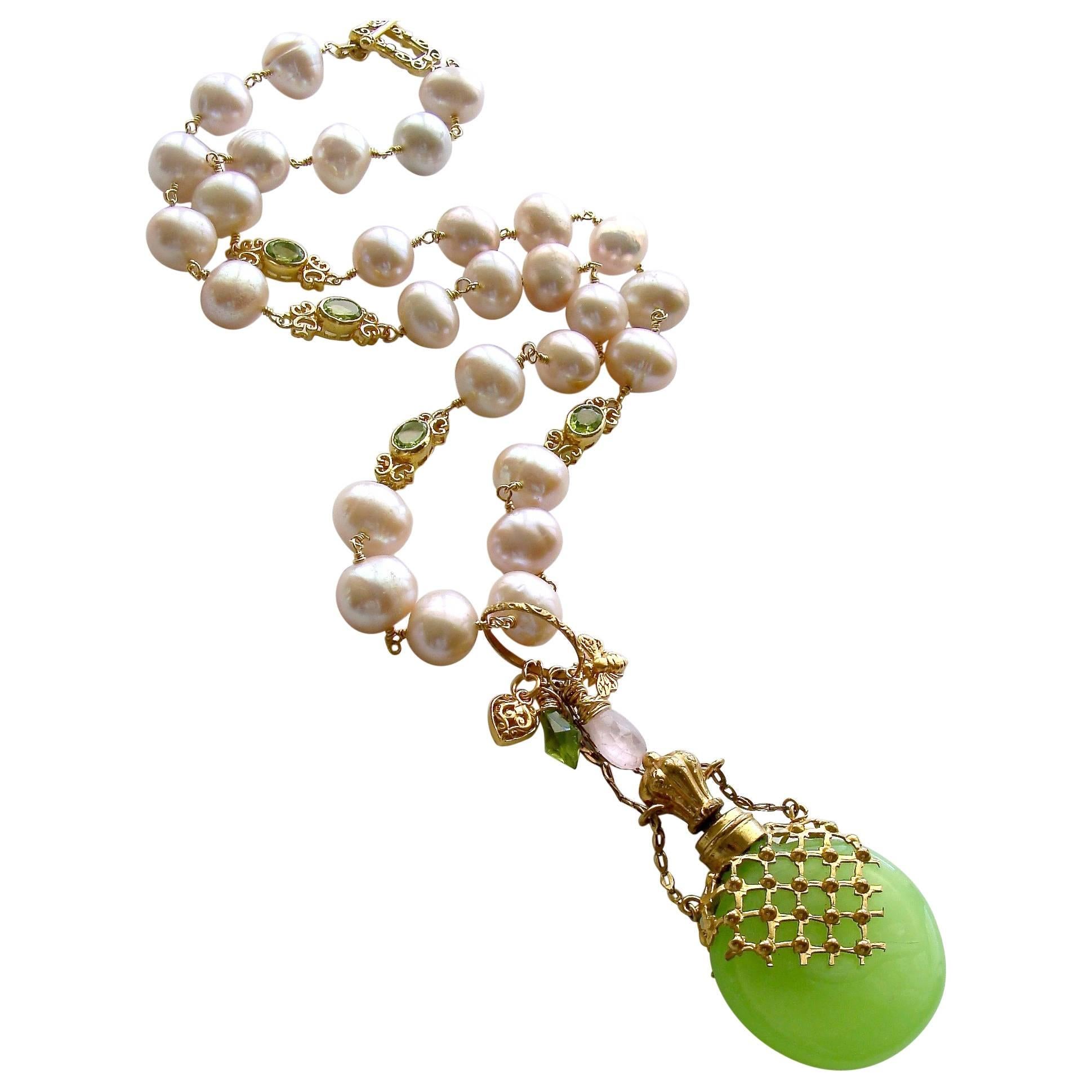 Kiwi Green Opaline Pink Baroque Pearls Peridot Chatelaine Scent Bottle Necklace 