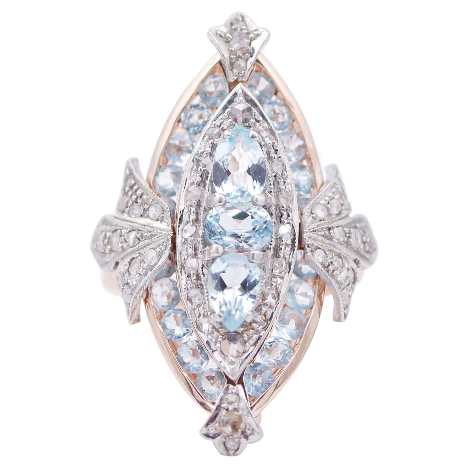 Aquamarine, Diamonds, 14 Karat Rose Gold and Silver Ring