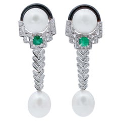 Diamonds, Emeralds, Pearls, Onyx, 14 Karat White Gold Dangle Earrings