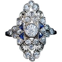 Ornate Art Deco Sapphire Diamond Gold Ring 12