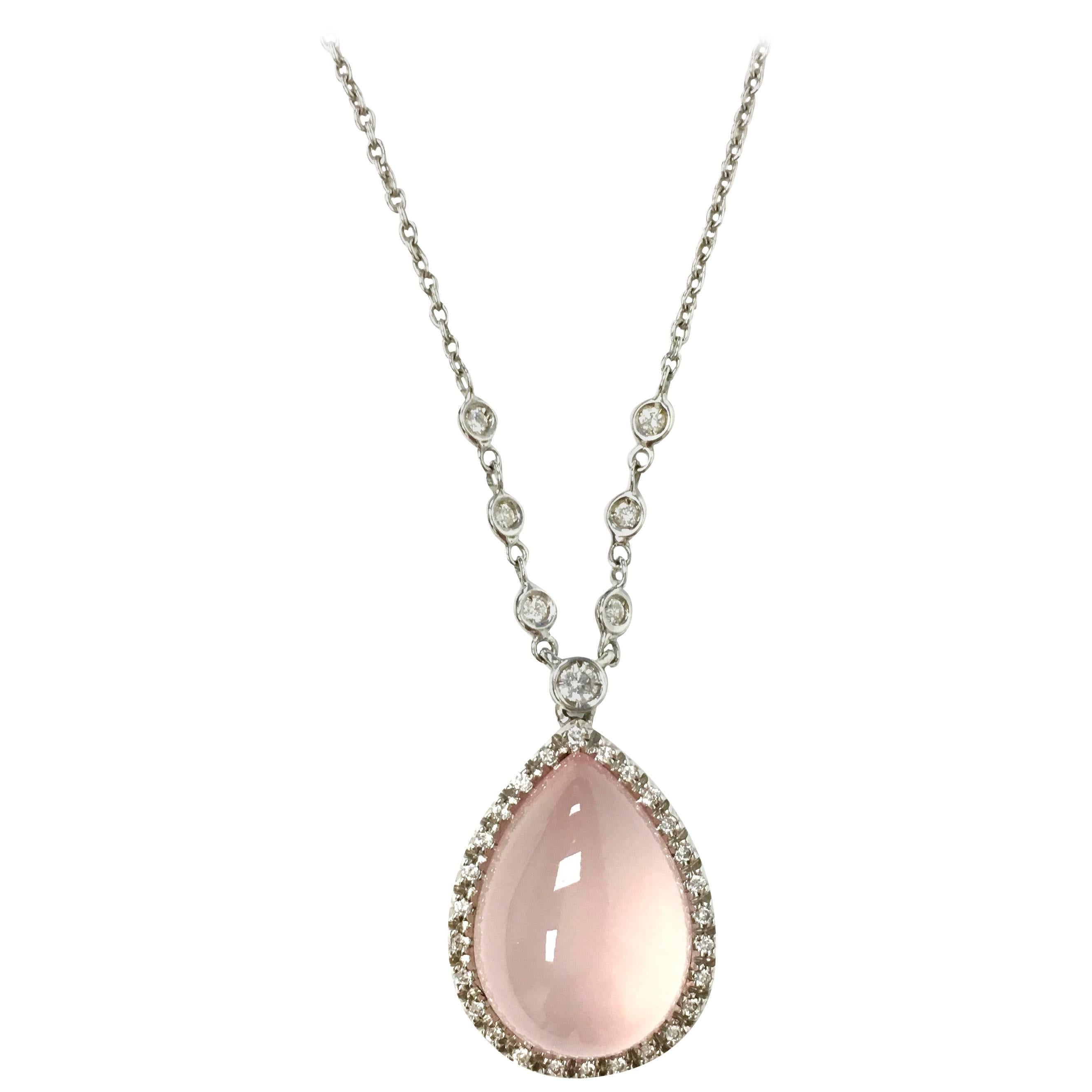 Favero Cabochon Rose Quartz Diamond Gold Necklace For Sale