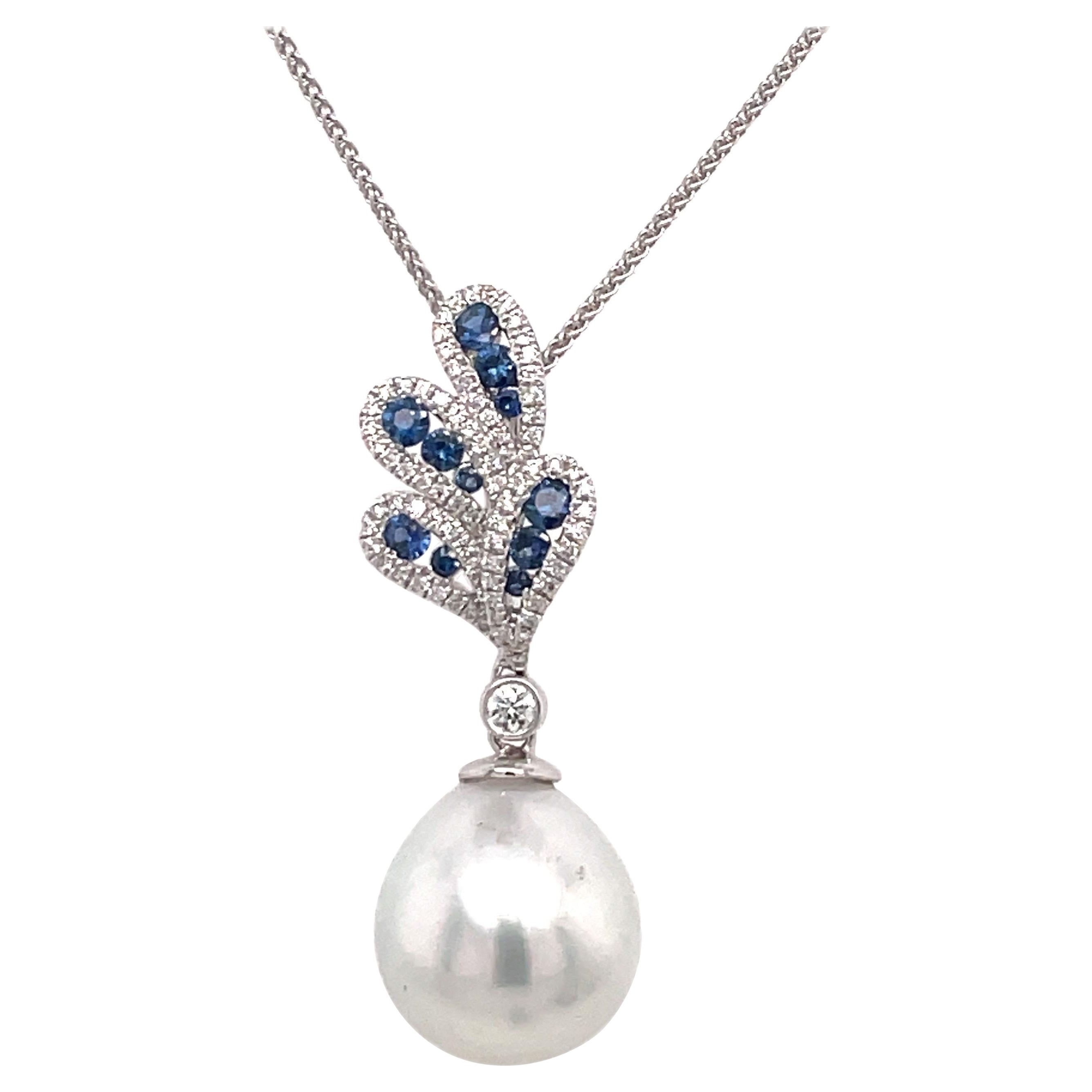 South Sea Pearl Floral Sapphire Diamond Pendant 0.80 Carats 18K For Sale