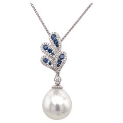 South Sea Pearl Floral Sapphire Diamond Pendant 0.80 Carats 18K