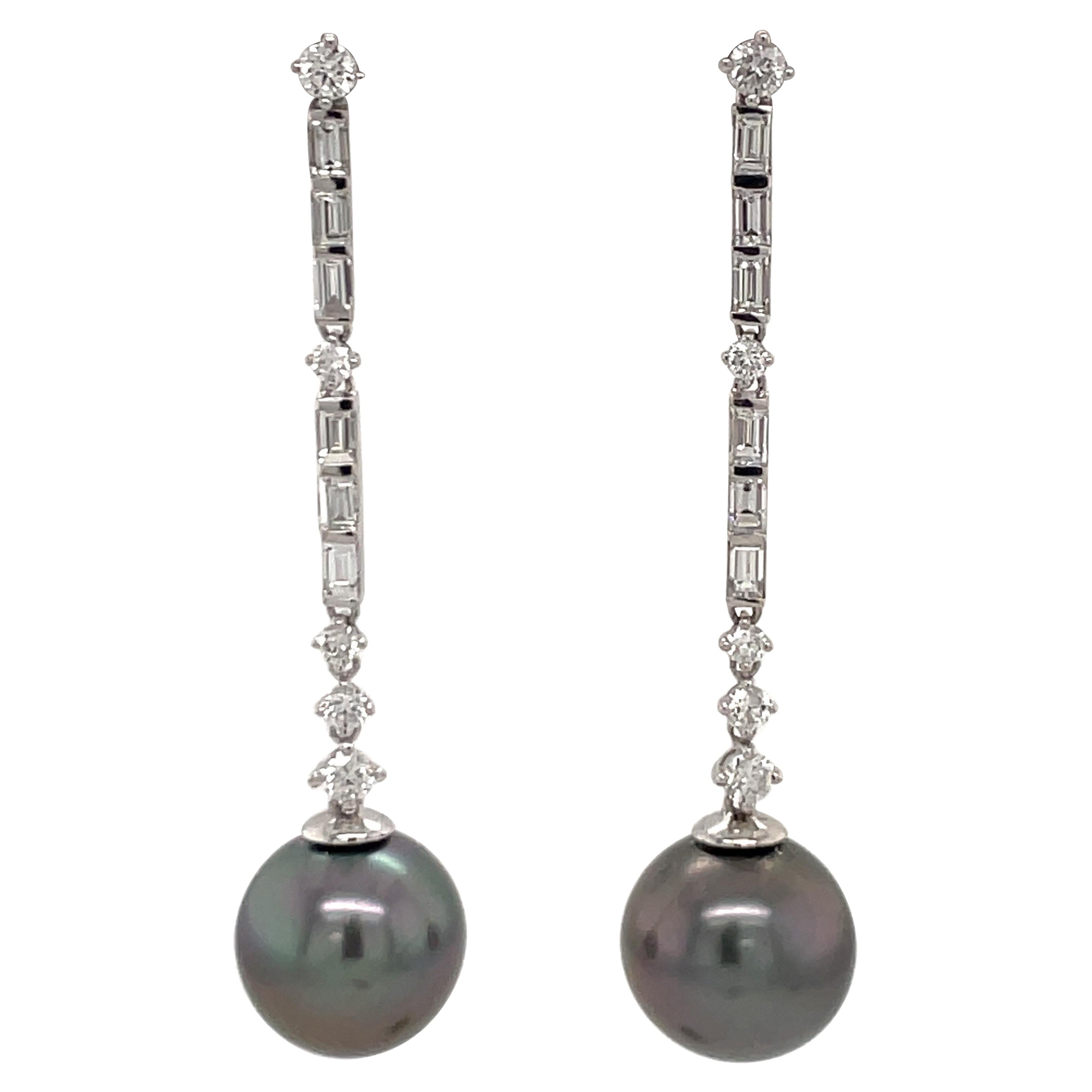 Tahitian Pearl Diamond Deco Inspired Drop Earrings 1.37 Carats 18K White Gold For Sale