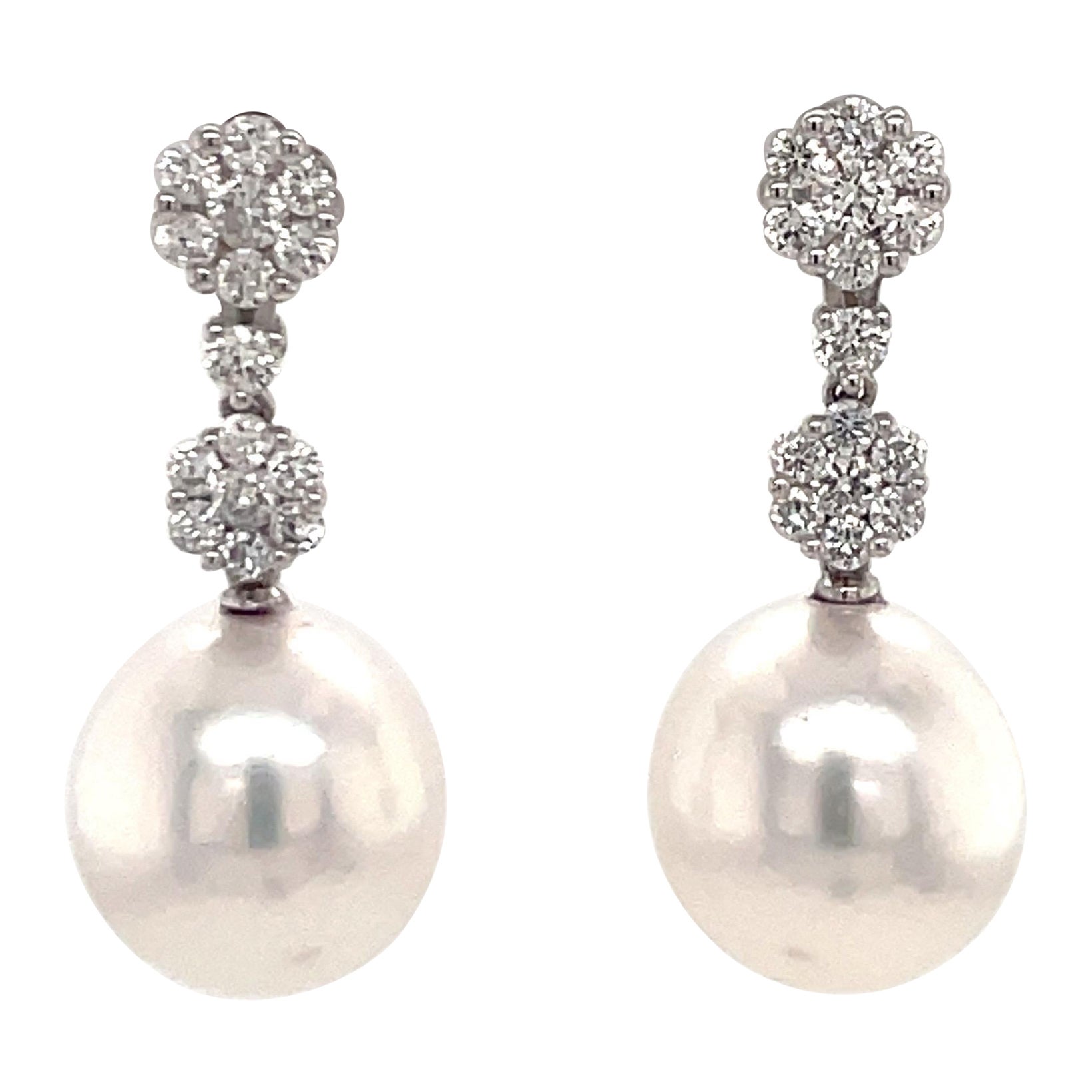 South Sea Pearl Diamond Cluster Drop Earrings 0.79 Carats 18K White Gold For Sale