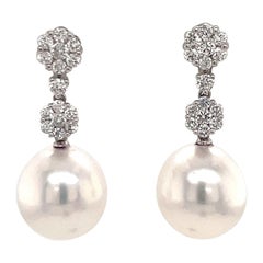 South Sea Pearl Diamond Cluster Drop Earrings 0.79 Carats 18K White Gold