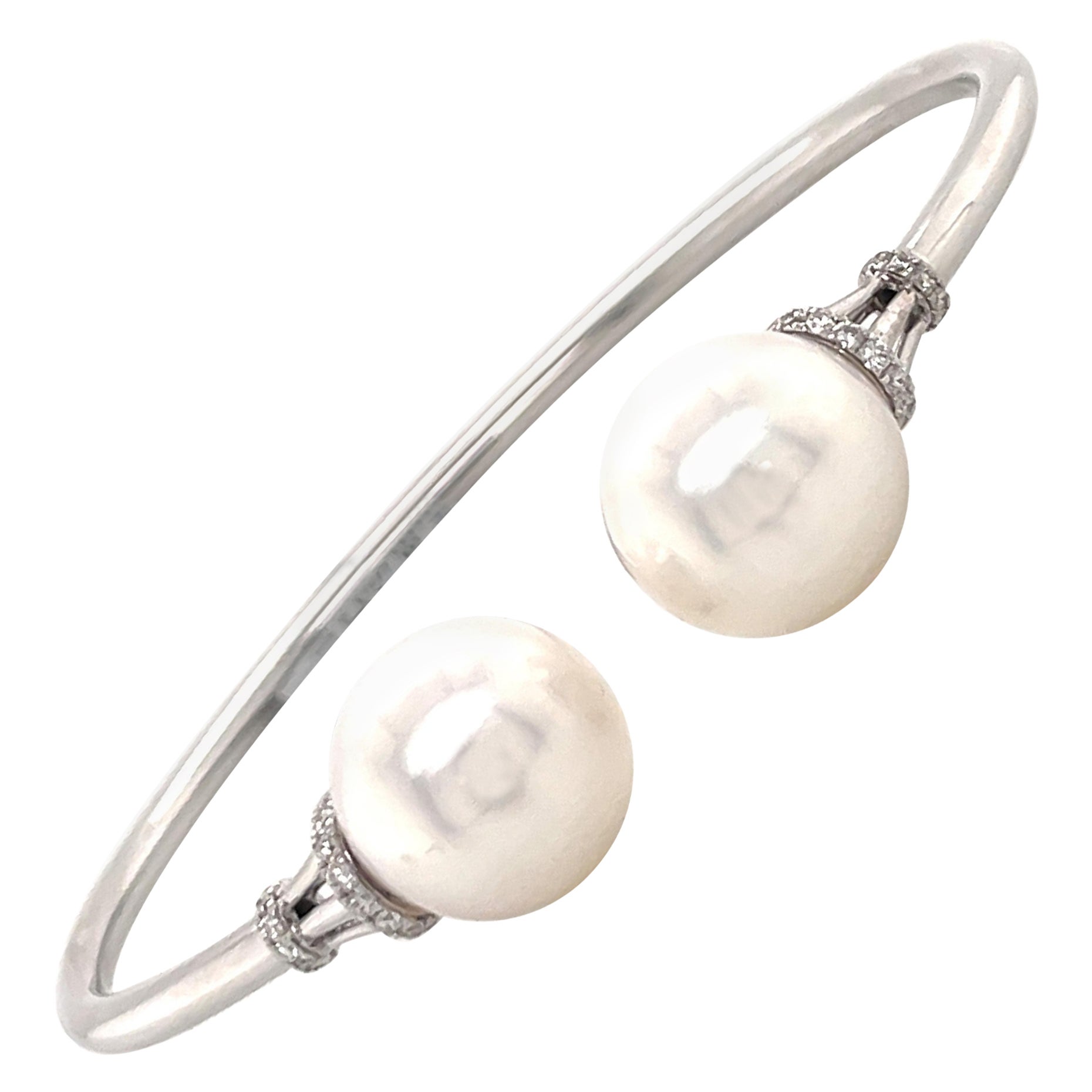 South Sea Pearl Diamond Bangle Bracelet 0.19 Carats 14 Karat White Gold For Sale