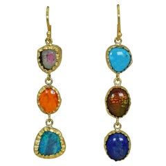 Opal, Tourmaline and Turquoise 22 Karat Gold Dangle Earrings