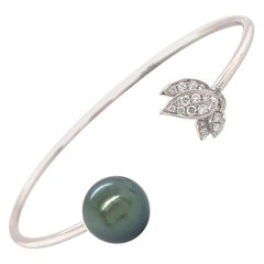 Tahitian Pearl Diamond Leaf Bangle Bracelet 0.22 Carats 18K White Gold