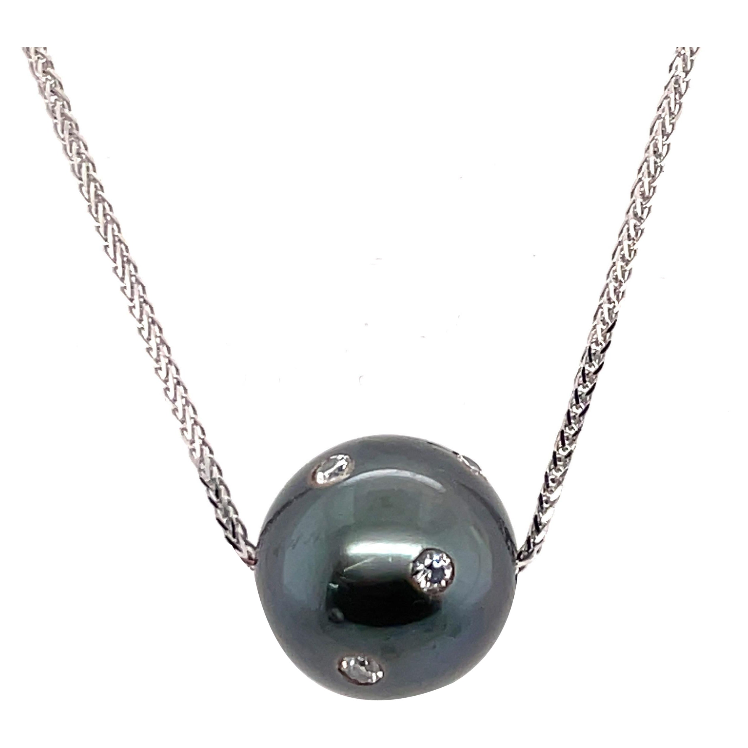 Tahitian Pearl Diamond Slider Pendant Necklace 13-14 MM 0.29 Carats 18K For Sale