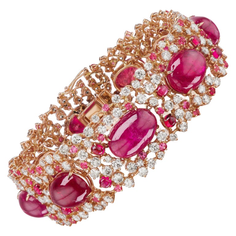 Nigaam 55.8Cts Red Spinel and 11.5 Cts Diamond Multi-Row Bracelet in ...