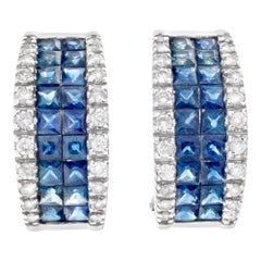 Sapphire and Diamond Hoops Earrings Set in 14k White Gold