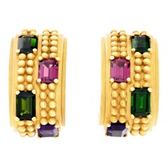 Huggie Earrings in 18k Gold with Colored Stones, Kieselstein Cord, 1989
