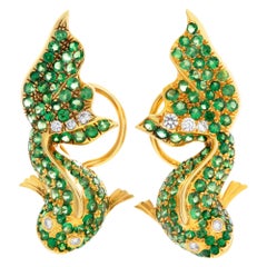 Vintage Koy Fish Earrings in 18k Yellow Gold with Pave Peridot and Diamond Accents