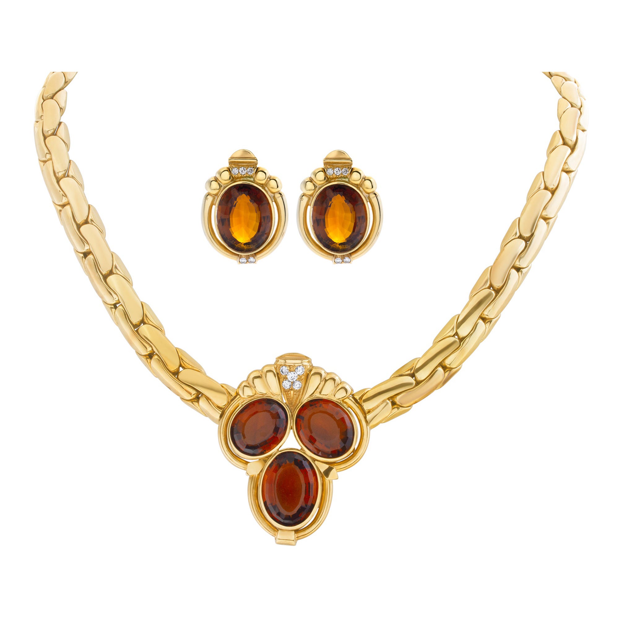 Necklace and Earring Set with Madeira Citrine & Diamonds in 18k Yellow Gold