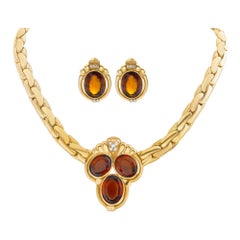 Vintage Necklace and Earring Set with Madeira Citrine & Diamonds in 18k Yellow Gold