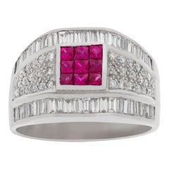 Bague en or blanc 18 carats, rubis et diamants, 1,00 carat de diamants