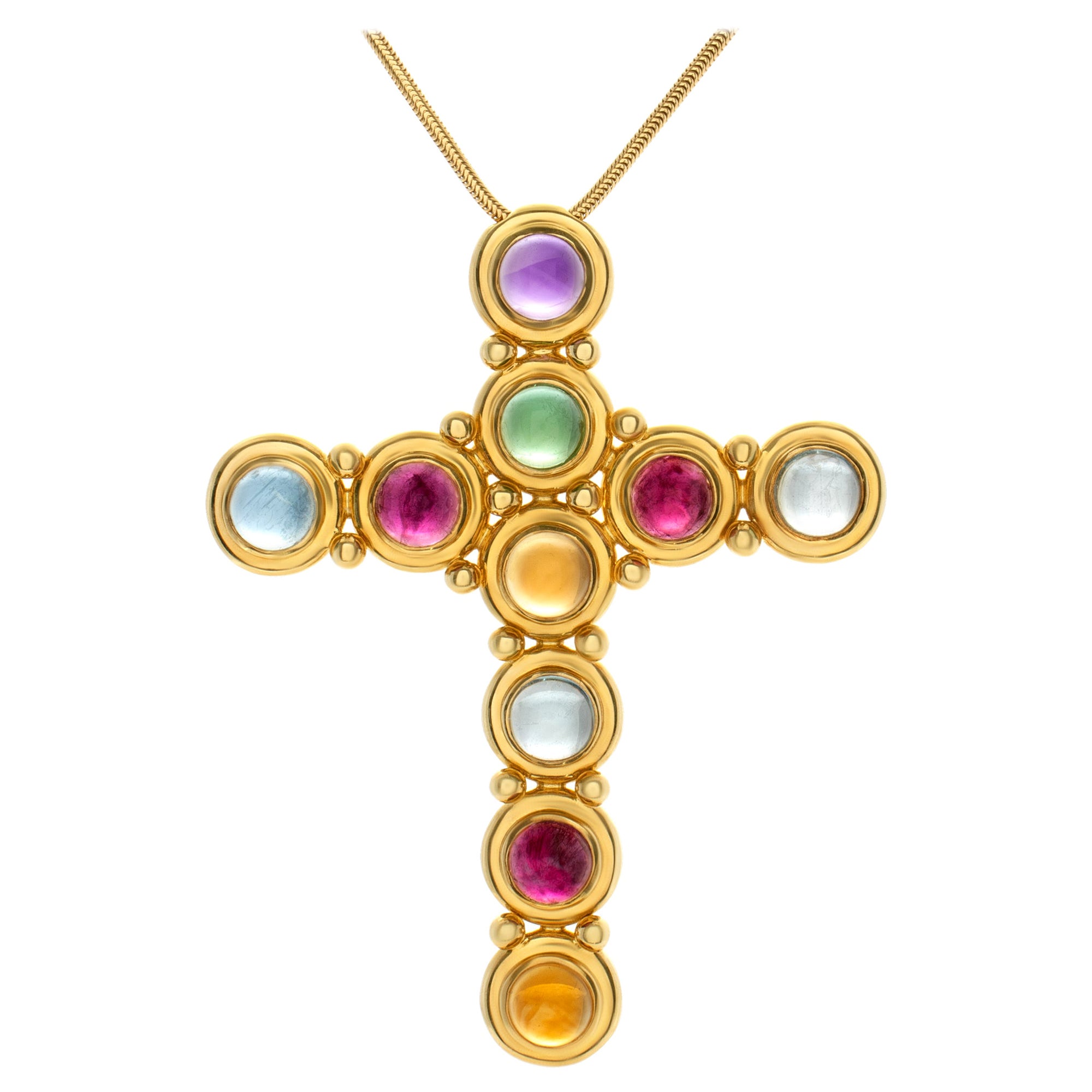 Gemstone Cross Pendant in 18k Gold w Aquamarine, Topaz, Citrine & Tourmalines