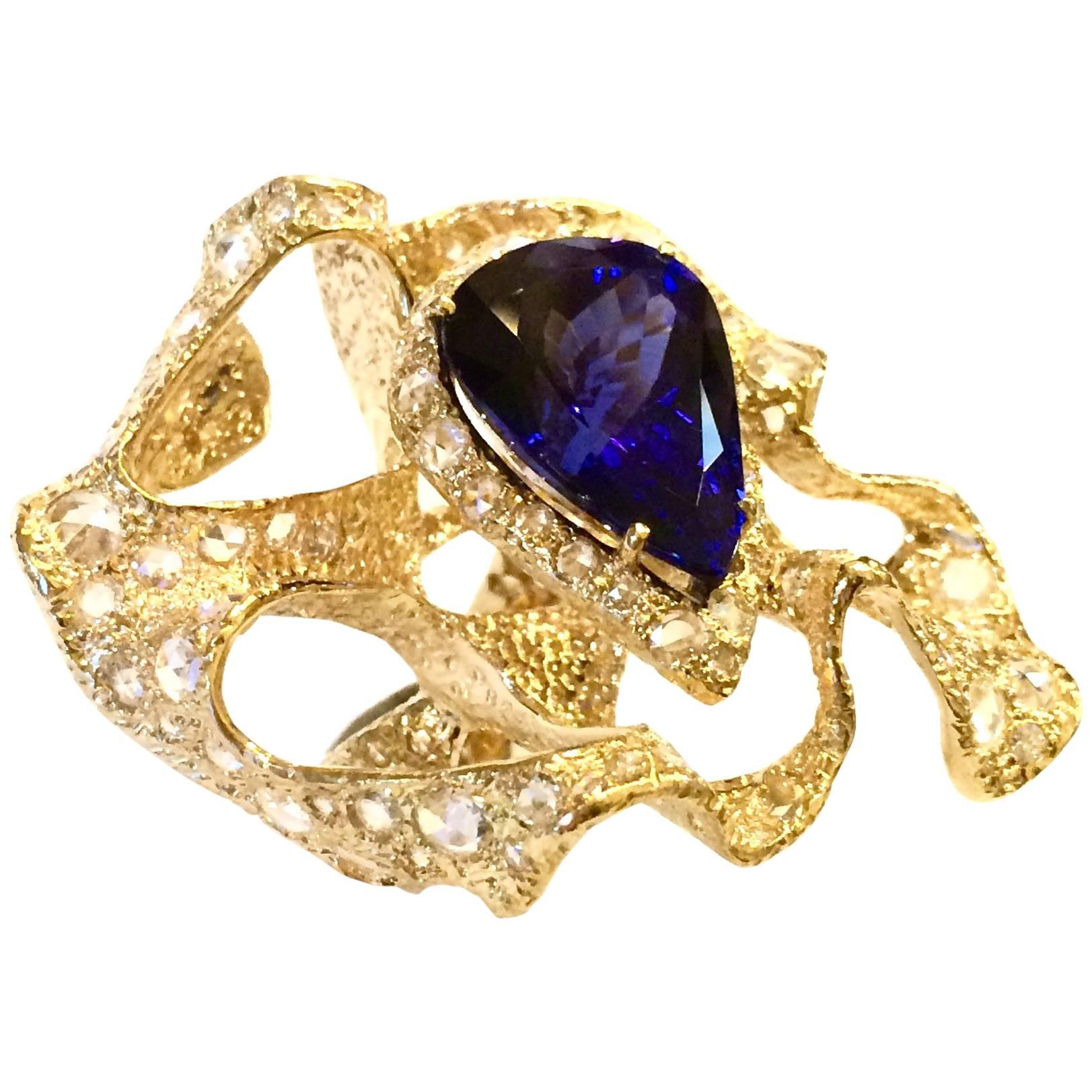 15.41 Carat Natural Vivid Blue Tanzanite Rosette Diamonds Gold Ring For Sale