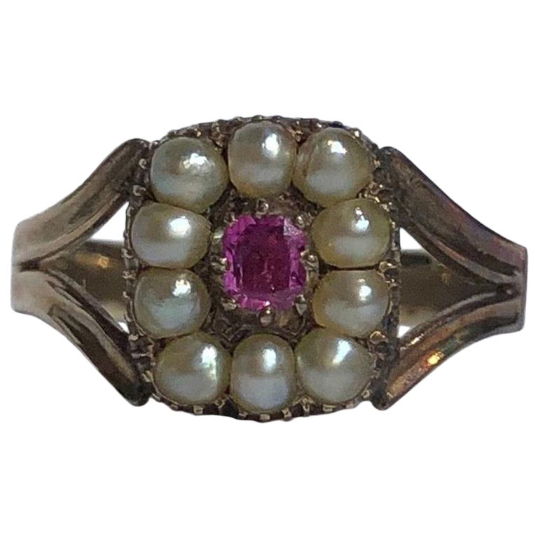 Georgian Ruby and Pearl 15 Carat Gold Cluster Ring For Sale