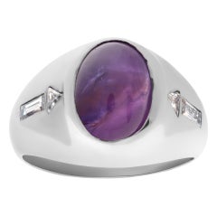 Vintage Star Sapphire Ring with Diamond Accents in 14k White Gold. 2.00 Cts Sapphire